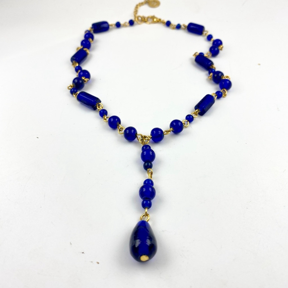 Cobalt Blue Glass Necklace, Gold Tone Beaded Y-Lariat. - Picture 5 of 5